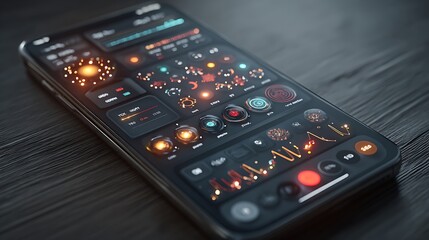 Futuristic smartphone interface with glowing digital elements and abstract data visualizations
