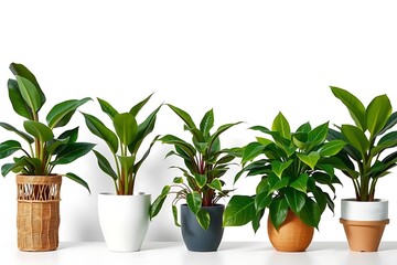 Obraz premium A row of various potted houseplants in different pots arranged on a white surface creating a calming indoor garden