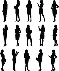 Business woman silhouette vector set, professional female poses, diverse working women collection, office and corporate figures, flat vector illustration