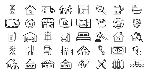 Collection of real estate icons representing various aspects of property isolated on white background