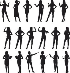 Business woman vector silhouette set, professional female poses, diverse working women collection, office and corporate figures, flat vector illustration
