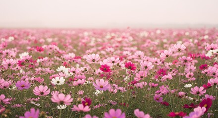 Naklejka premium A field of pink cosmos flowers blooming in the summer, creating a beautiful and vibrant landscape