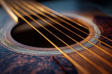 Close-up acoustic guitar strings, sunlit wood, home.  Possible music poster