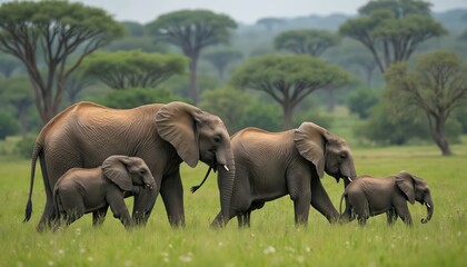 Fototapeta premium Family of elephants walks through rich green savanna, strong social bond, natural habitat. Adults, young elephants move together, emphasizing herd unity, protection, peaceful coexistence in wild.