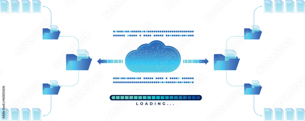 Poster isolated cloud upload concept. files and folders transfer data with a holographic progress bar that 