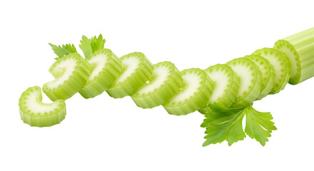 Naklejka premium Fresh celery slices arranged in a row, isolated on transparent background this crunchy vegetable is a healthy snack and a versatile ingredient in various culinary dishes
