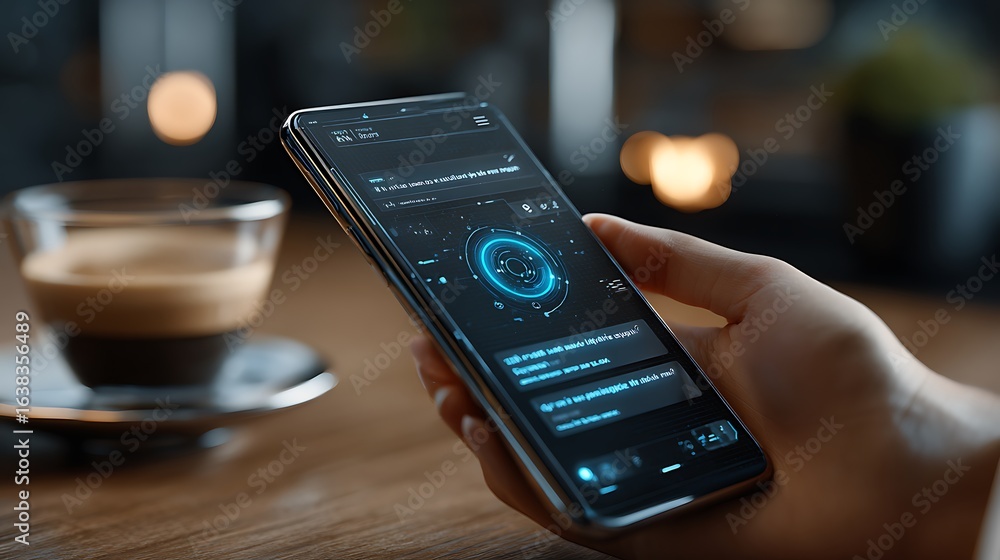 Poster modern smartphone displaying a futuristic interface with glowing blue elements and data visualizatio
