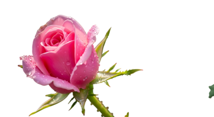A delicate pink rose with water droplets, isolated on transparent background, capturing the essence of romance, beauty, and the ephemeral nature of floral elegance