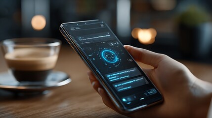 Modern smartphone displaying a futuristic interface with glowing blue elements and data visualizations