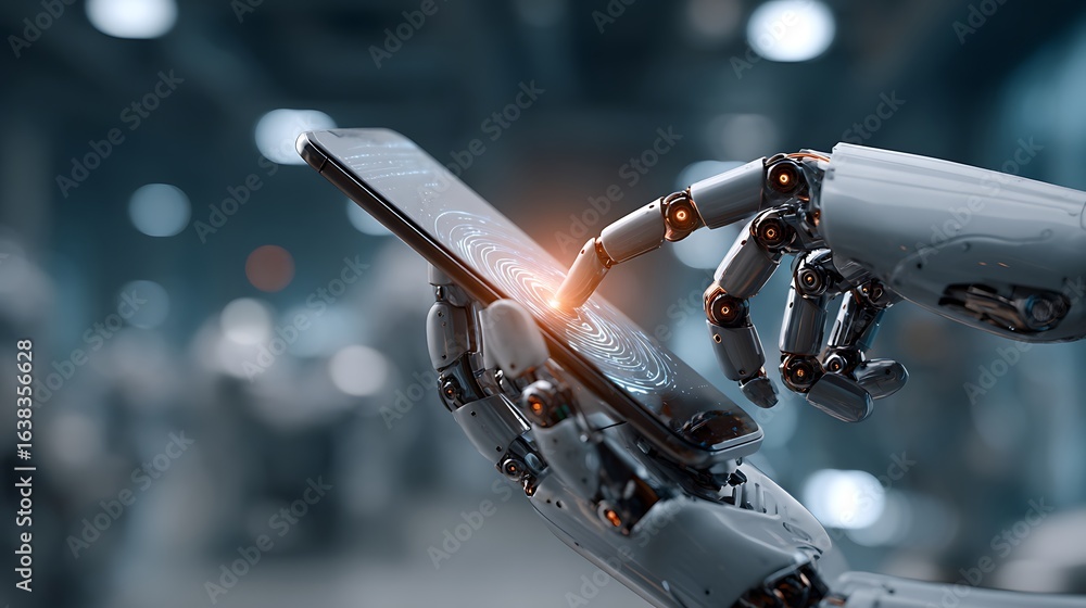Poster advanced robotic hand interacting with a modern smartphone in a futuristic setting
