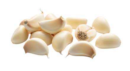 Pile of peeled garlic cloves isolated on transparent background, showcasing their smooth texture, natural color, and culinary versatility for flavoring dishes
