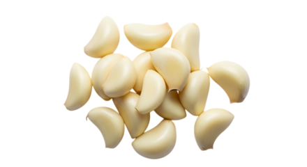 Pile of fresh peeled garlic cloves isolated on transparent background, showcasing their smooth texture, natural color, and culinary versatility for flavoring dishes