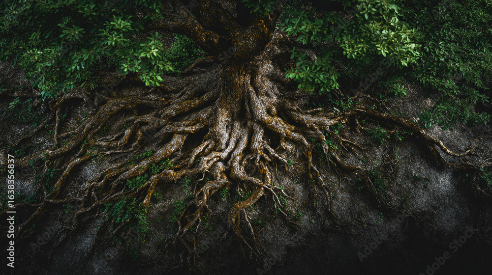 Poster a close up view of a large tree with exposed roots and green foliage on the upper portion of the fra