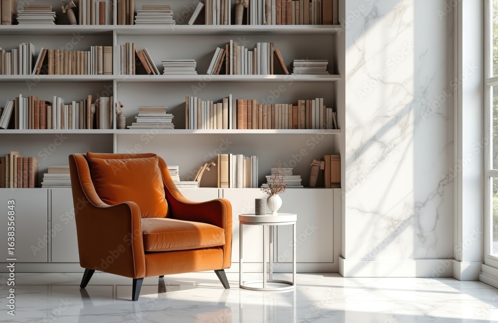 Poster modern white room features plush orange armchair next to small side table, floor-to-ceiling bookshel