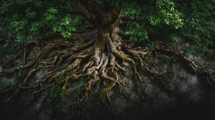 A close up view of a large tree with exposed roots and green foliage on the upper portion of the frame