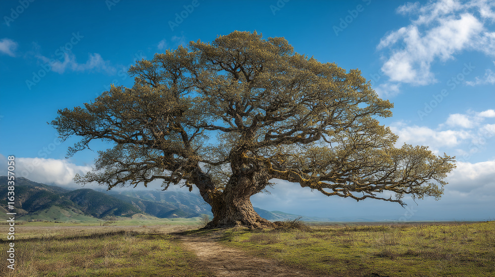 Poster a sprawling tree with bare branches in a field under a blue sky with scattered clouds and distant mo