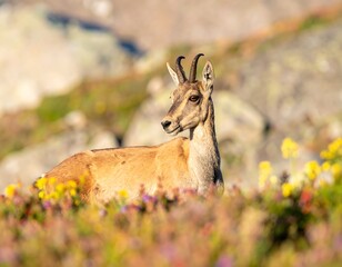 Mountain goat amidst wildflowers