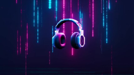 Pixelated Neon Headphones in Digital Space - Powered by Adobe