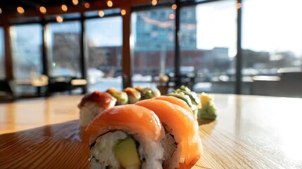 Glistening salmon maki with ginger detail for culinary content creation