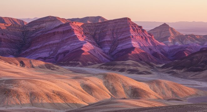 Majestic desert landscape showcases layered rock formations and sunset hues