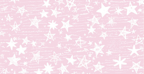 Vintage pattern of abstract illegible handwritten text with hand drawn stars. Grunge bad calligraphy script, old book document. Vector illustration of monochrome unreadable handwriting cursive poetry 