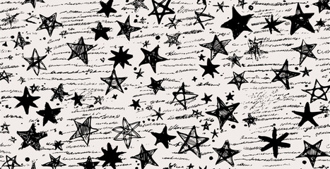 Vintage pattern of abstract illegible handwritten text with hand drawn stars. Grunge bad calligraphy script, old book document. Vector illustration of monochrome unreadable handwriting cursive poetry 