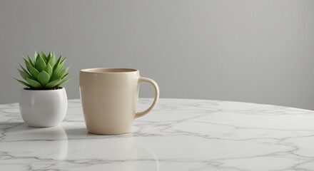 Fototapeta premium Beige mug and succulent plant on a marble table against a gray background, isolated on white background