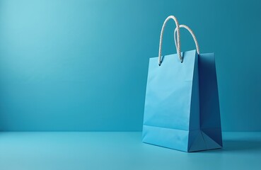 Blank blue paper shopping bag mockup on simple background. Recyclable bag for product delivery or groceries. Cardboard material, eco-friendly design, retail commerce, clean container for branding.