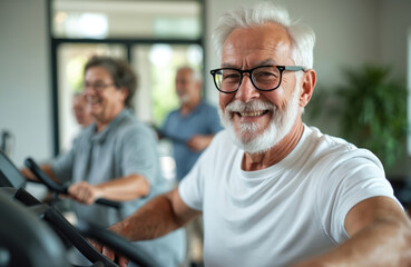 Smiling senior man with glasses exercises on treadmill in retirement home gym. Elderly residents engage in fitness, promoting health, vitality, social interaction. Group activity enhances mobility,