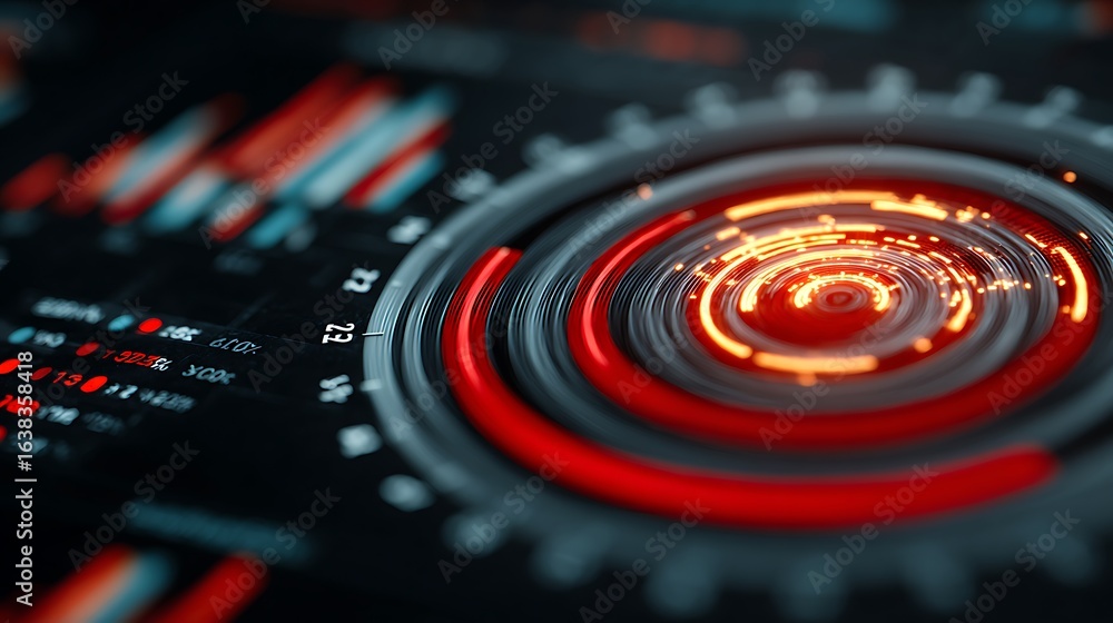 Poster futuristic digital interface with glowing red and blue data visualizations and a central cogwheel