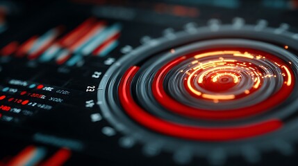 Futuristic digital interface with glowing red and blue data visualizations and a central cogwheel