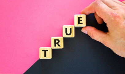 True symbol. Concept word True on beautiful wooden blocks. Businessman hand. Beautiful black and...