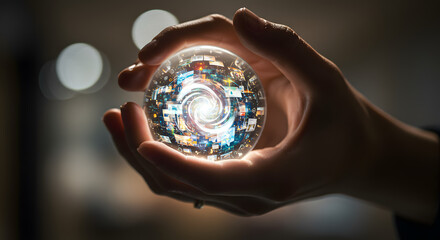 Encapsulated realities: a sphere of interconnected digital existence held within gentle hands symbolizing the boundless potential of technology and its profound impact on the human experience