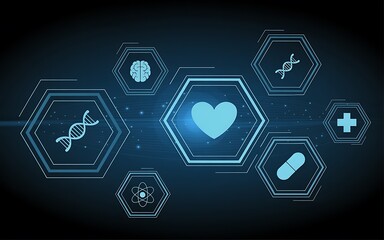 Futuristic Medical and Healthcare Icons with Glowing Hexagonal Frames on Dark Blue Background

