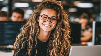Young hispanic woman working on laptop, smiling in a vibrant coworking space during daytime