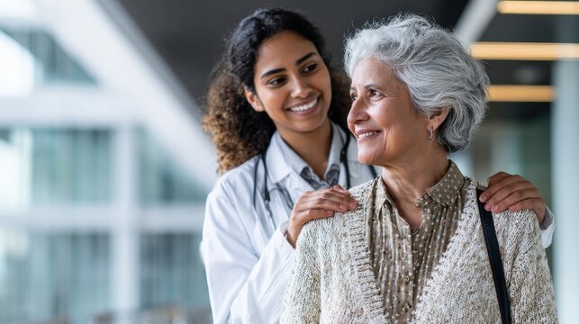 happy young indian doctor therapist in white coat has appointment consulting supporting putting hand on shoulder of older senior female patient in modern clinic hospital medical healthcare concept no