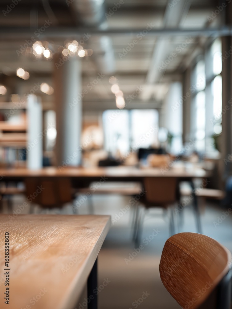Poster a blurred office environment with a bokeh effect in the foreground tables and chairs are visible but
