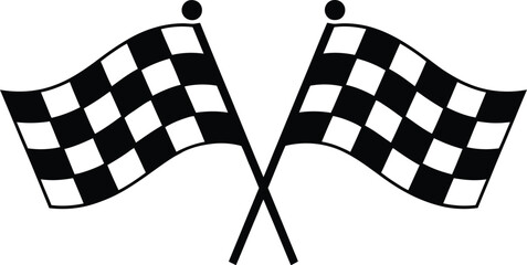 A black and white vector illustration of two crossed checkered flags symbolizing racing and a finish line.