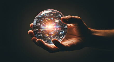 A poised hand encapsulates a futuristic sphere, shimmering with interwoven data interfaces, symbolizing control and mastery over advanced technological complexities and global information networks,
