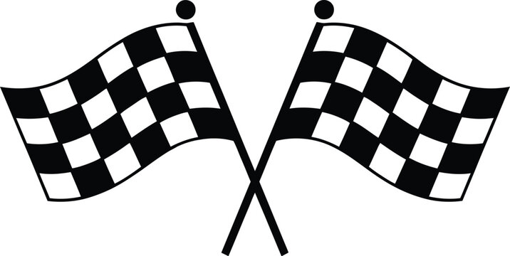 A black and white vector illustration of two crossed checkered flags symbolizing racing and a finish line.