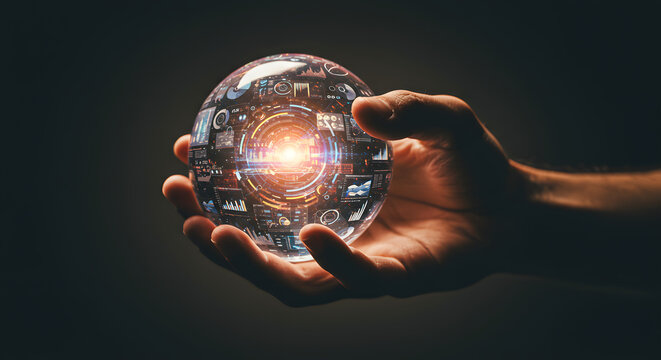A poised hand encapsulates a futuristic sphere, shimmering with interwoven data interfaces, symbolizing control and mastery over advanced technological complexities and global information networks,