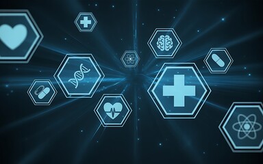 Futuristic Medical and Healthcare Icons with Glowing Hexagonal Frames on Dark Blue Background

