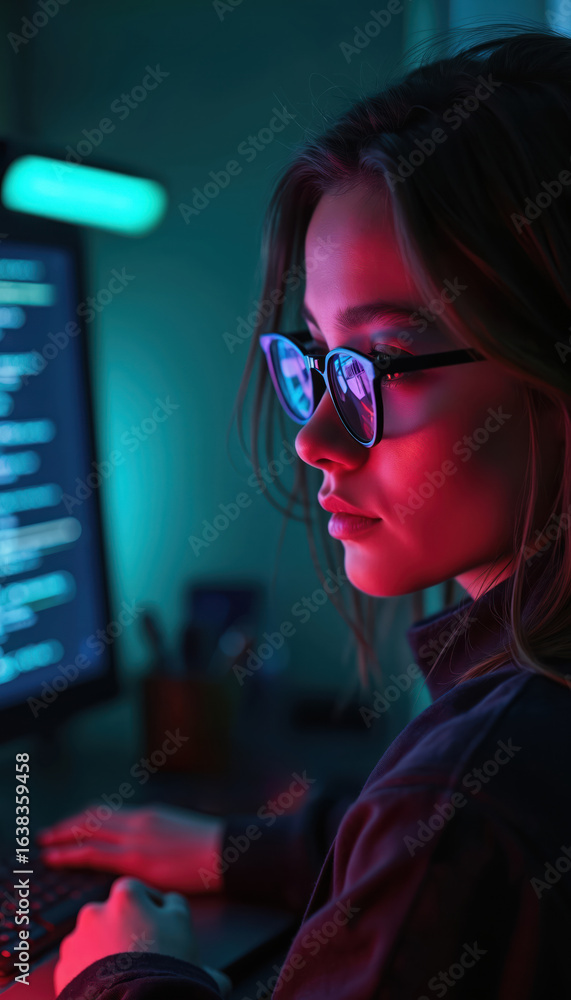 Poster cyberpunk coder, young woman, wears glasses, engrossed in computer screen, typing code. neon lights 