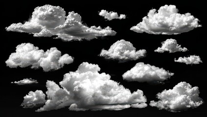 Cumulus clouds collection, isolated on black, design element