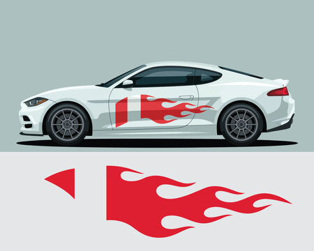 A digital illustration depicting a sleek sports car with vibrant red flame decals for custom vehicle wrap and livery design.