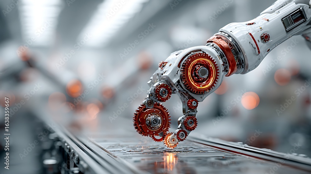 Poster advanced robotic arm with intricate metallic fingers delicately interacting with a textured surface