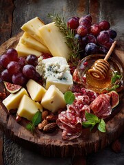 elegant plate of artisanal cheese and charcuterie with fresh fruits nuts and a drizzle of honey arranged on a rustic wooden board