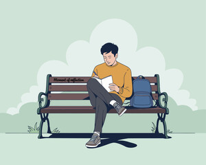 A minimalist digital illustration of a young man reading a book while sitting on a park bench, enjoying a moment of quiet reflection.