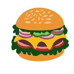 Flat illustration of tasty burger in sandwich bun style