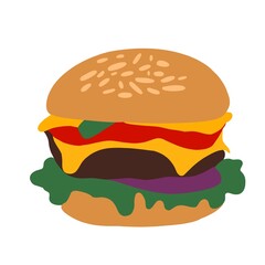 Flat illustration of tasty burger in sandwich bun style